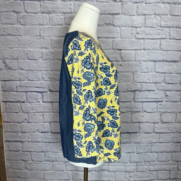 Talbots Petites Women's SP Yellow Blue Floral Top Preppy Classic - Picture 2 of 7